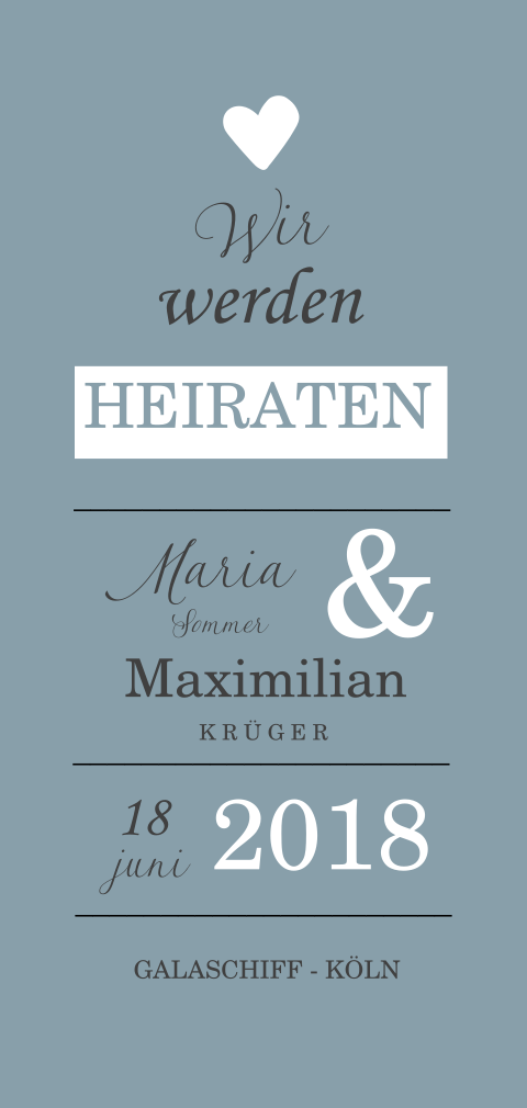 Hochzeitseinladung auf blauem Hintergrund mit weißen Akzenten